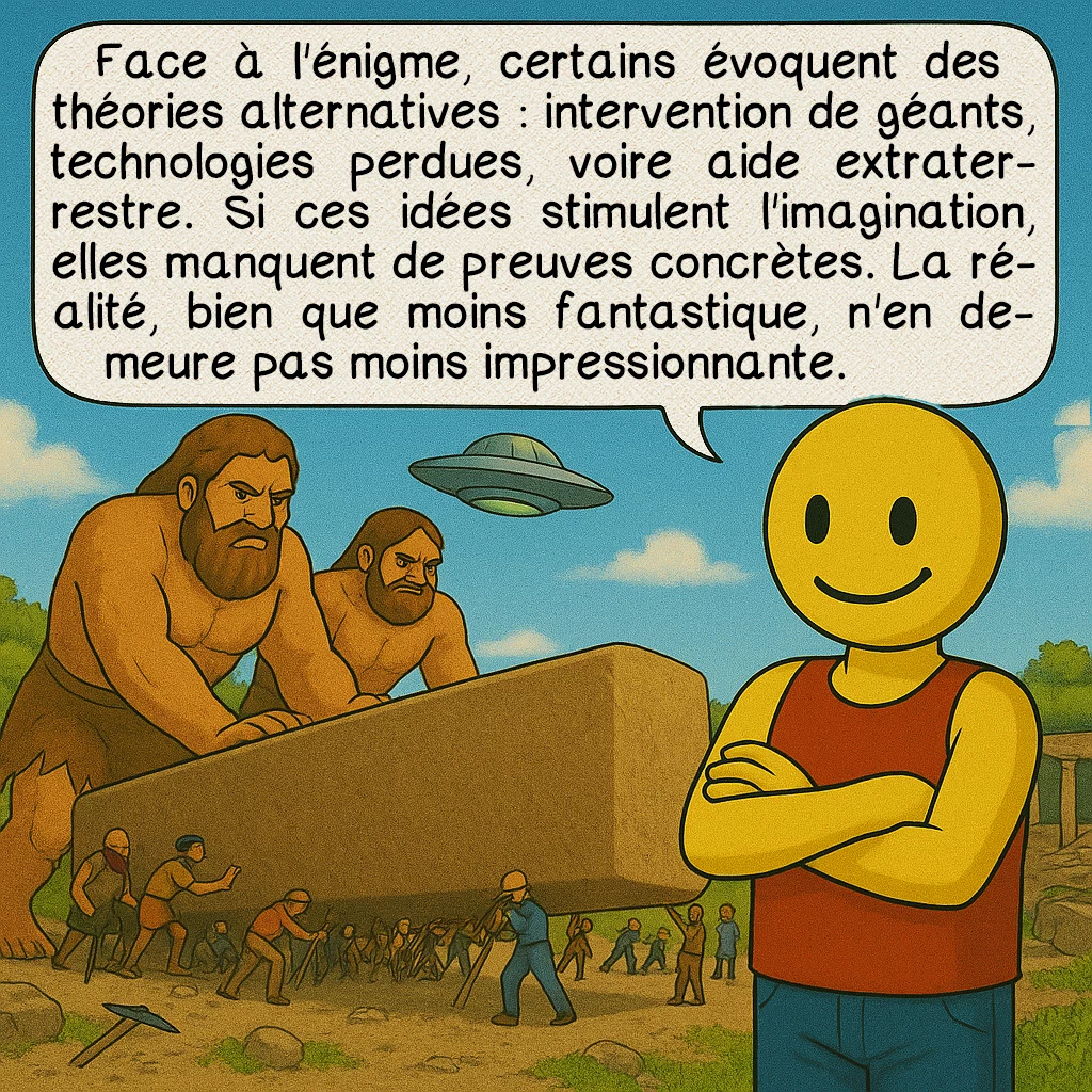 Hadjar el Gouble, case 8 : Face à l'énigme, certains évoquent des théories alternatives : intervention de géants, technologies perdues, voire aide extraterrestre. Si ces idées stimulent l'imagination, elles manquent de preuves concrètes. La réalité, bien que moins fantastique, n'en demeure pas moins impressionnante.