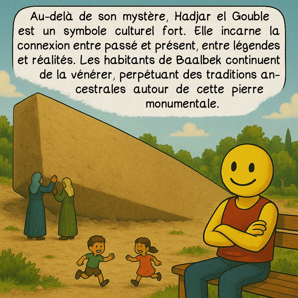 Hadjar el Gouble, case 9 : Au-delà de son mystère, Hadjar el Gouble est un symbole culturel fort. Elle incarne la connexion entre passé et présent, entre légendes et réalités. Les habitants de Baalbek continuent de la vénérer, perpétuant des traditions ancestrales autour de cette pierre monumentale.