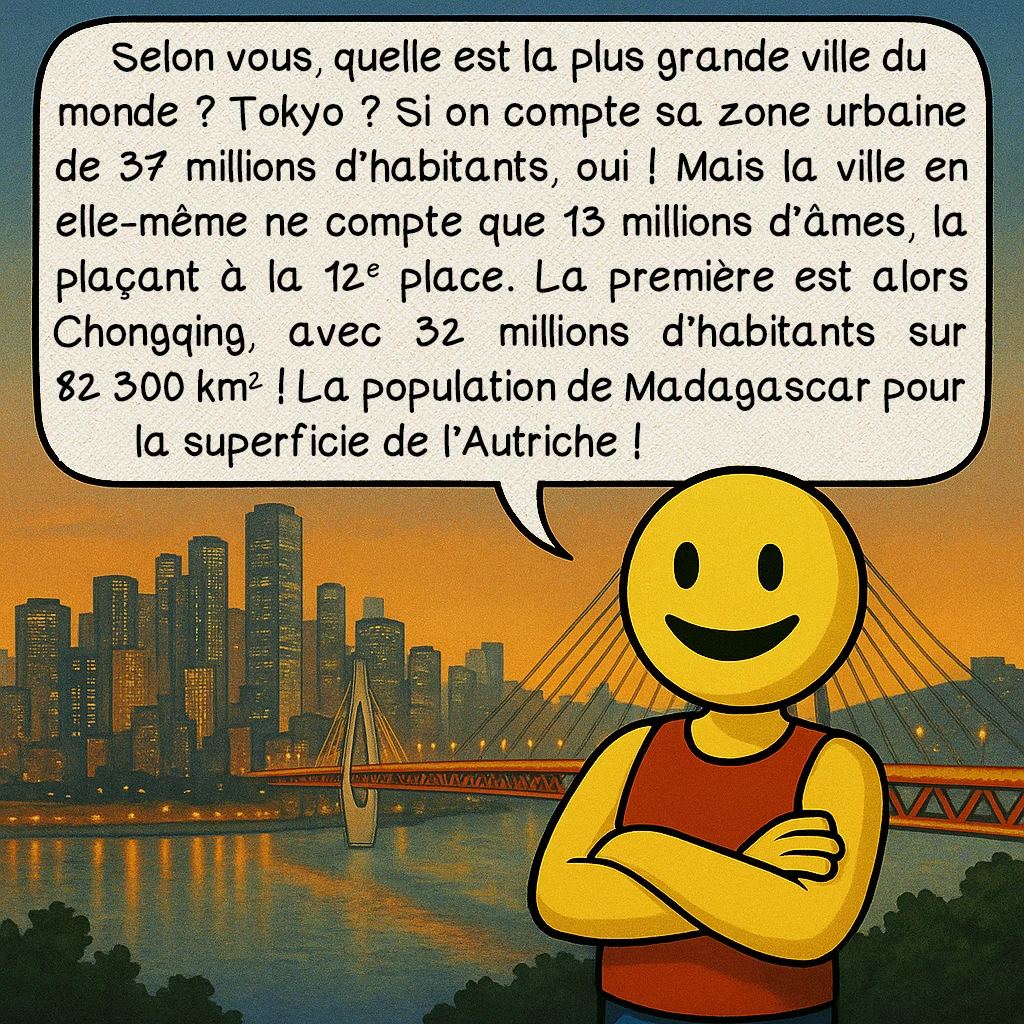 Chongqing, case 1 : Selon vous, quelle est la plus grande ville du monde ? Tokyo ? Si on compte sa zone urbaine de 37 millions d’habitants, oui ! Mais la ville en elle-même ne compte que 13 millions d’âmes, la plaçant à la 12e place. La première est alors Chongqing, avec 32 millions d’habitants sur 82 300 km² ! La population de Madagascar pour la superficie de l’Autriche !