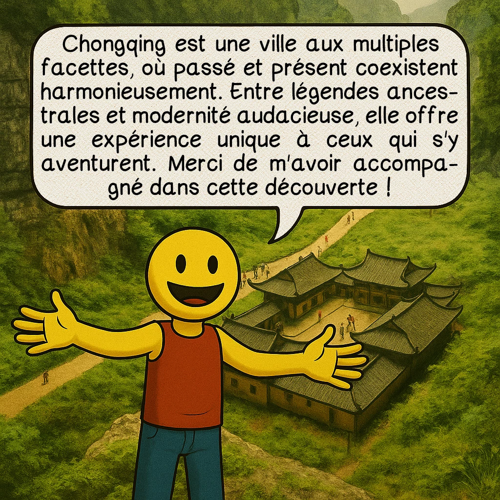 Chongqing, case 10 : Chongqing est une ville aux multiples facettes, où passé et présent coexistent harmonieusement. Entre légendes ancestrales et modernité audacieuse, elle offre une expérience unique à ceux qui s'y aventurent. Merci de m'avoir accompagné dans cette découverte !
