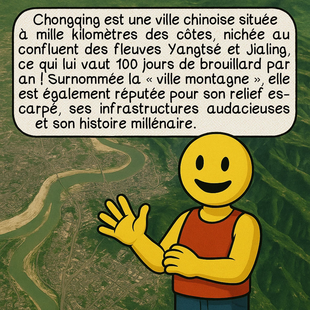 Chongqing, case 2 : Chongqing est une ville chinoise située à mille kilomètres des côtes, nichée au confluent des fleuves Yangtsé et Jialing, ce qui lui vaut 100 jours de brouillard par an ! Surnommée la « ville montagne », elle est également réputée pour son relief escarpé, ses infrastructures audacieuses et son histoire millénaire.