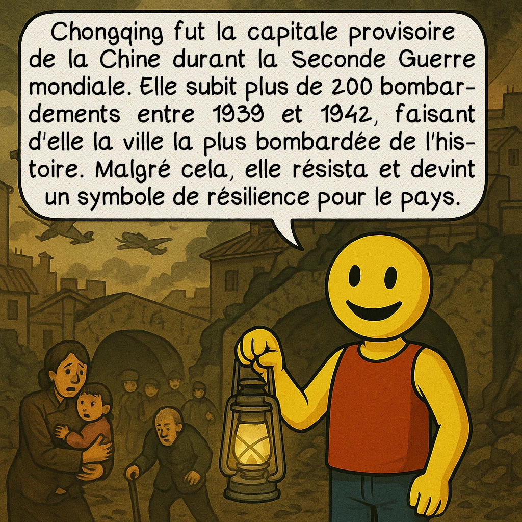 Chongqing, case 3 : Chongqing fut la capitale provisoire de la Chine durant la Seconde Guerre mondiale. Elle subit plus de 200 bombardements entre 1939 et 1942, faisant d'elle la ville la plus bombardée de l'histoire. Malgré cela, elle résista et devint un symbole de résilience pour le pays.