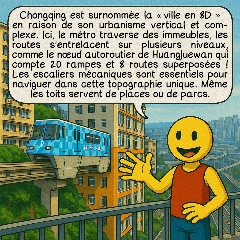 Chongqing, case 4 : Chongqing est surnommée la "ville en 8D" en raison de son urbanisme vertical et complexe. Ici, le métro traverse des immeubles, les routes s'entrelacent sur plusieurs niveaux, comme le nœud autoroutier de Huangjuewan qui compte 20 rampes et 8 routes superposées ! Les escaliers mécaniques sont essentiels pour naviguer dans cette topographie unique. Même les toits servent de places ou de parcs.