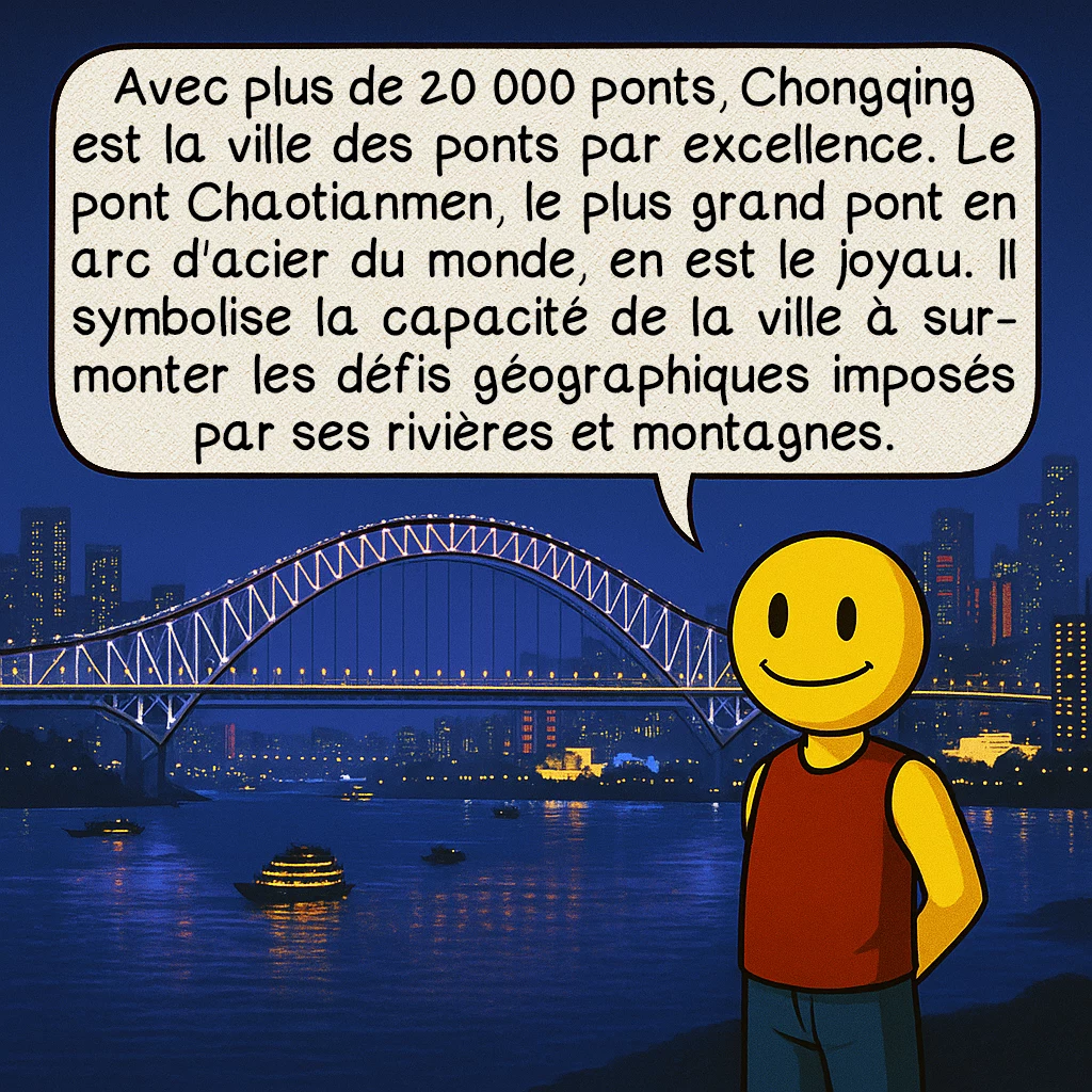 Chongqing, case 5 : Avec plus de 20 000 ponts, Chongqing est la ville des ponts par excellence. Le pont Chaotianmen, le plus grand pont en arc d'acier du monde, en est le joyau. Il symbolise la capacité de la ville à surmonter les défis géographiques imposés par ses rivières et montagnes.