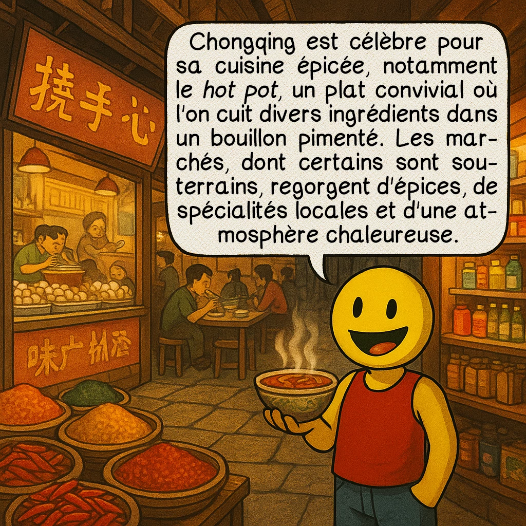 Chongqing, case 7 : Chongqing est célèbre pour sa cuisine épicée, notamment le hot pot, un plat convivial où l'on cuit divers ingrédients dans un bouillon pimenté. Les marchés, dont certains sont souterrains, regorgent d'épices, de spécialités locales et d'une atmosphère chaleureuse.