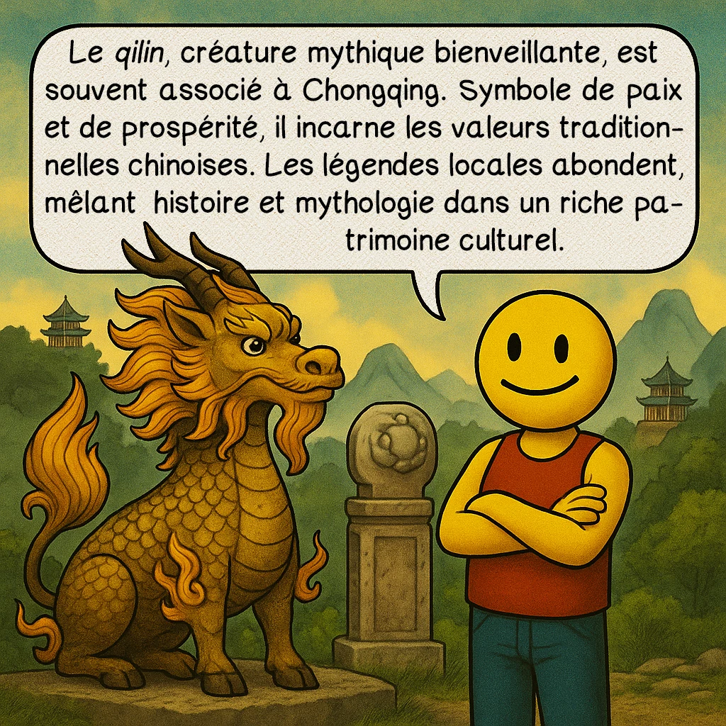 Chongqing, case 8 : Le qilin, créature mythique bienveillante, est souvent associé à Chongqing. Symbole de paix et de prospérité, il incarne les valeurs traditionnelles chinoises. Les légendes locales abondent, mêlant histoire et mythologie dans un riche patrimoine culturel.