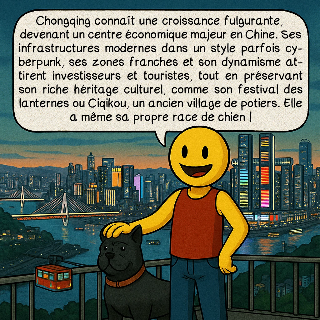 Chongqing, case 9 : Chongqing connaît une croissance fulgurante, devenant un centre économique majeur en Chine. Ses infrastructures modernes dans un style parfois cyberpunk, ses zones franches et son dynamisme attirent investisseurs et touristes, tout en préservant son riche héritage culturel, comme son festival des lanternes ou Ciqikou, un ancien village de potiers. Elle a même sa propre race de chien !