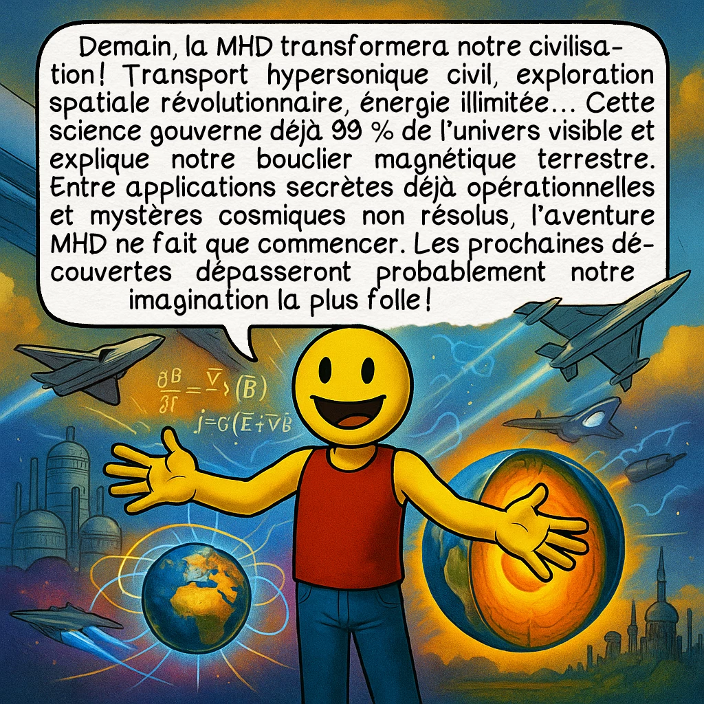 La MHD, case 10 : Demain, la MHD transformera notre civilisation ! Transport hypersonique civil, exploration spatiale révolutionnaire, énergie illimitée… Cette science gouverne déjà 99 % de l’univers visible et explique notre bouclier magnétique terrestre. Entre applications secrètes déjà opérationnelles et mystères cosmiques non résolus, l’aventure MHD ne fait que commencer. Les prochaines découvertes dépasseront probablement notre imagination la plus folle !