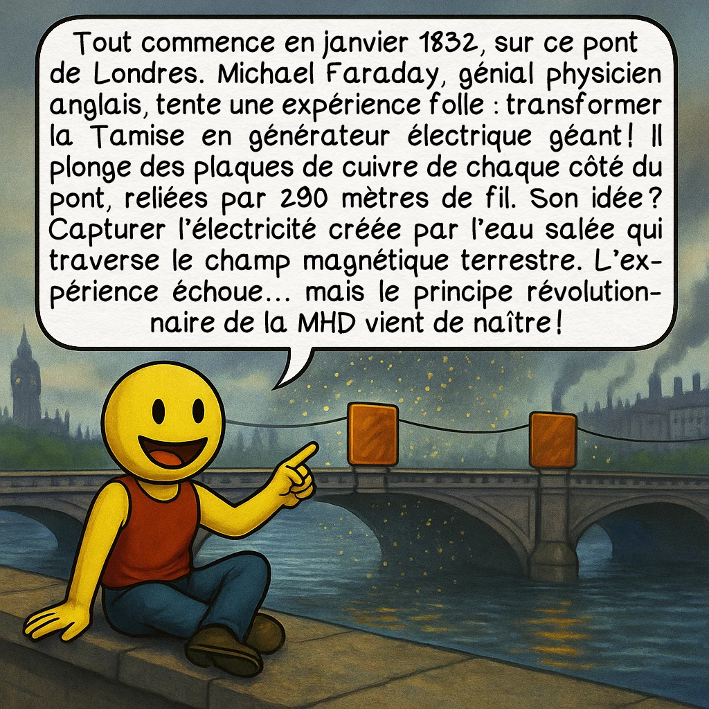 La MHD, case 2 : Tout commence en janvier 1832, sur ce pont de Londres. Michael Faraday, génial physicien anglais, tente une expérience folle : transformer la Tamise en générateur électrique géant ! Il plonge des plaques de cuivre de chaque côté du pont, reliées par 290 mètres de fil. Son idée ? Capturer l’électricité créée par l’eau salée qui traverse le champ magnétique terrestre. L’expérience échoue… mais le principe révolutionnaire de la MHD vient de naître !