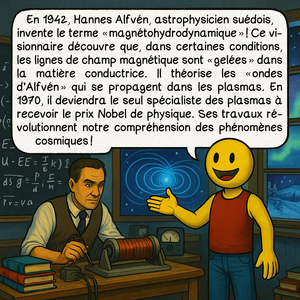 La MHD, case 3 : En 1942, Hannes Alfvén, astrophysicien suédois, invente le terme « magnétohydrodynamique » ! Ce visionnaire découvre que, dans certaines conditions, les lignes de champ magnétique sont « gelées » dans la matière conductrice. Il théorise les « ondes d’Alfvén » qui se propagent dans les plasmas. En 1970, il deviendra le seul spécialiste des plasmas à recevoir le prix Nobel de physique. Ses travaux révolutionnent notre compréhension des phénomènes cosmiques !