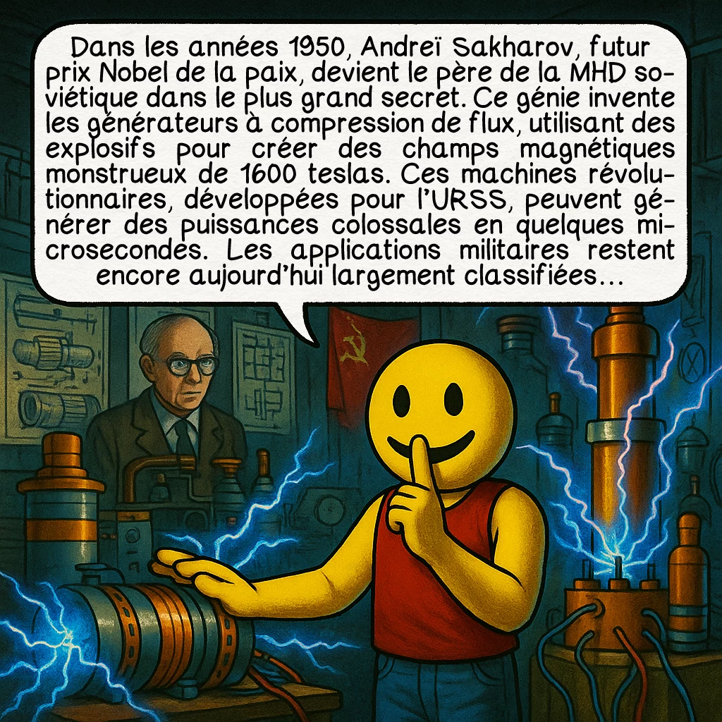 La MHD, case 4 : Dans les années 1950, Andreï Sakharov, futur prix Nobel de la paix, devient le père de la MHD soviétique dans le plus grand secret. Ce génie invente les générateurs à compression de flux, utilisant des explosifs pour créer des champs magnétiques monstrueux de 1600 teslas. Ces machines révolutionnaires, développées pour l’URSS, peuvent générer des puissances colossales en quelques microsecondes. Les applications militaires restent encore aujourd’hui largement classifiées…