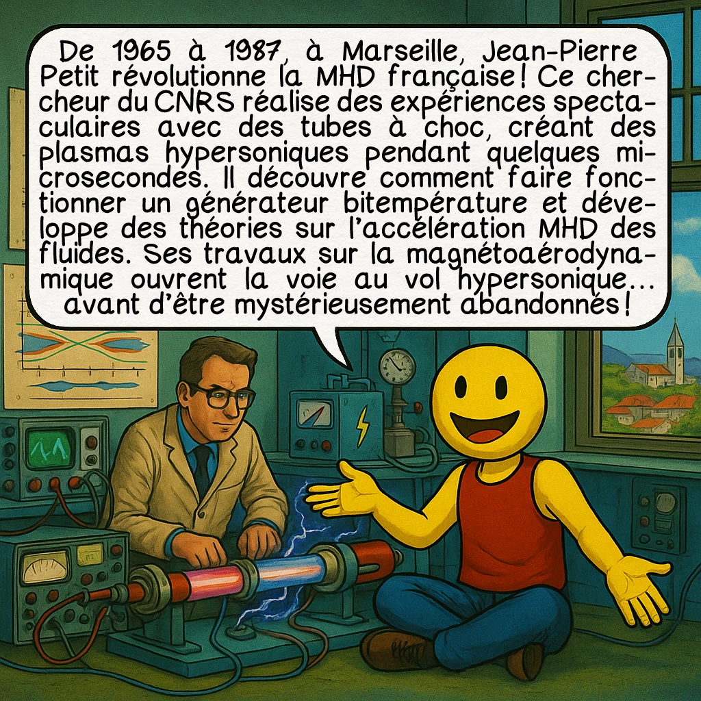 La MHD, case 5 : De 1965 à 1987, à Marseille, Jean-Pierre Petit révolutionne la MHD française ! Ce chercheur du CNRS réalise des expériences spectaculaires avec des tubes à choc, créant des plasmas hypersoniques pendant quelques microsecondes. Il découvre comment faire fonctionner un générateur bitempérature et développe des théories sur l’accélération MHD des fluides. Ses travaux sur la magnétoaérodynamique ouvrent la voie au vol hypersonique… avant d’être mystérieusement abandonnés !