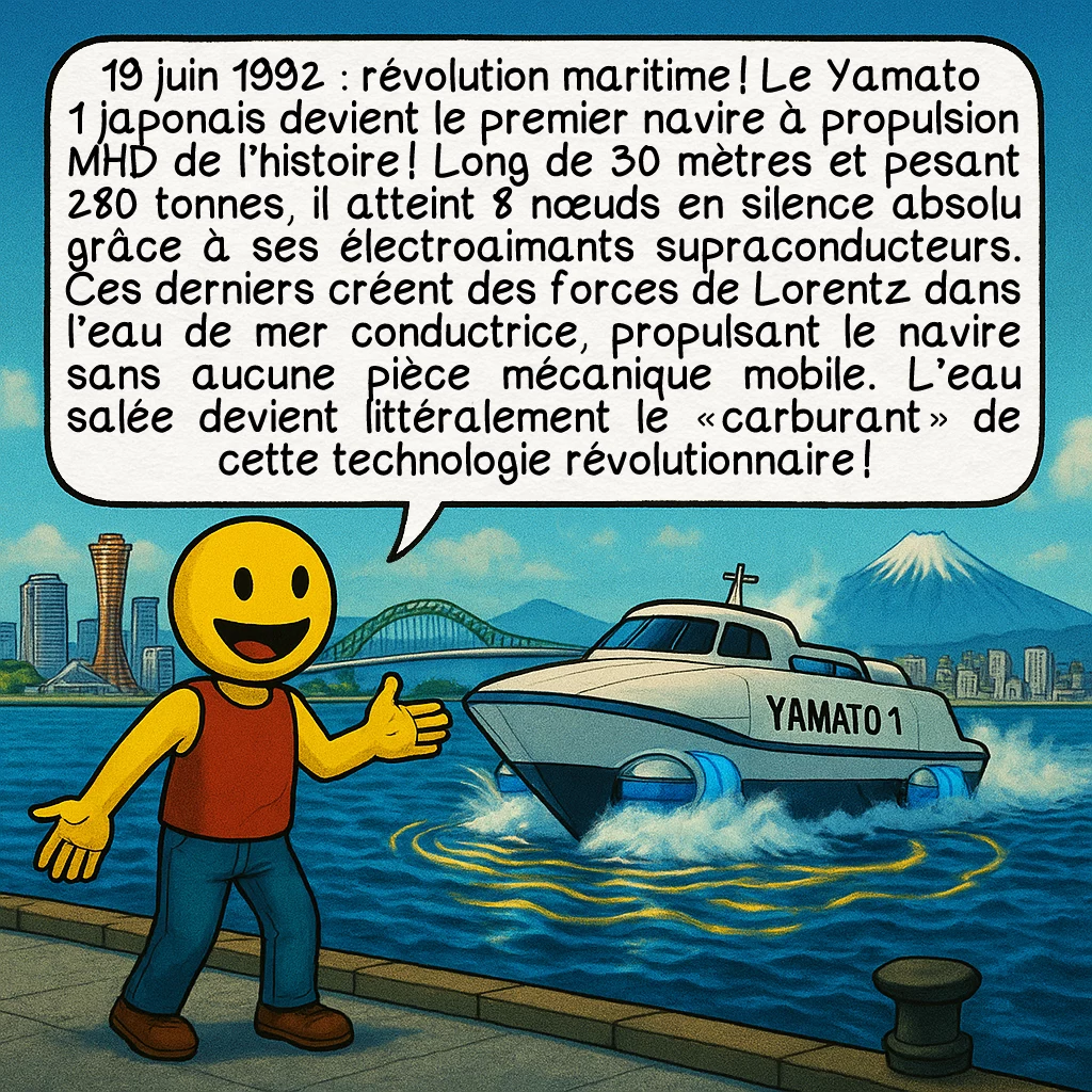 La MHD, case 6 : 19 juin 1992 : révolution maritime ! Le Yamato 1 japonais devient le premier navire à propulsion MHD de l’histoire ! Long de 30 mètres et pesant 280 tonnes, il atteint 8 nœuds en silence absolu grâce à ses électroaimants supraconducteurs. Ces derniers créent des forces de Lorentz dans l’eau de mer conductrice, propulsant le navire sans aucune pièce mécanique mobile. L’eau salée devient littéralement le « carburant » de cette technologie révolutionnaire !