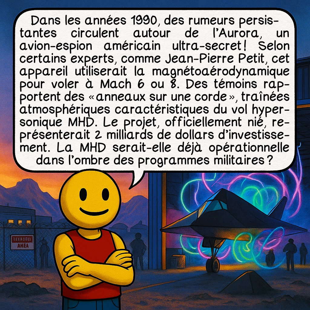 La MHD, case 7 : Dans les années 1990, des rumeurs persistantes circulent autour de l’Aurora, un avion-espion américain ultra-secret ! Selon certains experts, comme Jean-Pierre Petit, cet appareil utiliserait la magnétoaérodynamique pour voler à Mach 6 ou 8. Des témoins rapportent des « anneaux sur une corde », traînées atmosphériques caractéristiques du vol hypersonique MHD. Le projet, officiellement nié, représenterait 2 milliards de dollars d’investissement. La MHD serait-elle déjà opérationnelle dans l’ombre des programmes militaires ?