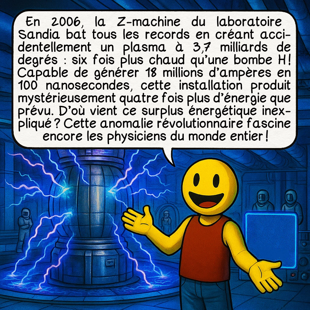 La MHD, case 8 : En 2006, la Z-machine du laboratoire Sandia bat tous les records en créant accidentellement un plasma à 3,7 milliards de degrés : six fois plus chaud qu’une bombe H ! Capable de générer 18 millions d’ampères en 100 nanosecondes, cette installation produit mystérieusement quatre fois plus d’énergie que prévu. D’où vient ce surplus énergétique inexpliqué ? Cette anomalie révolutionnaire fascine encore les physiciens du monde entier !