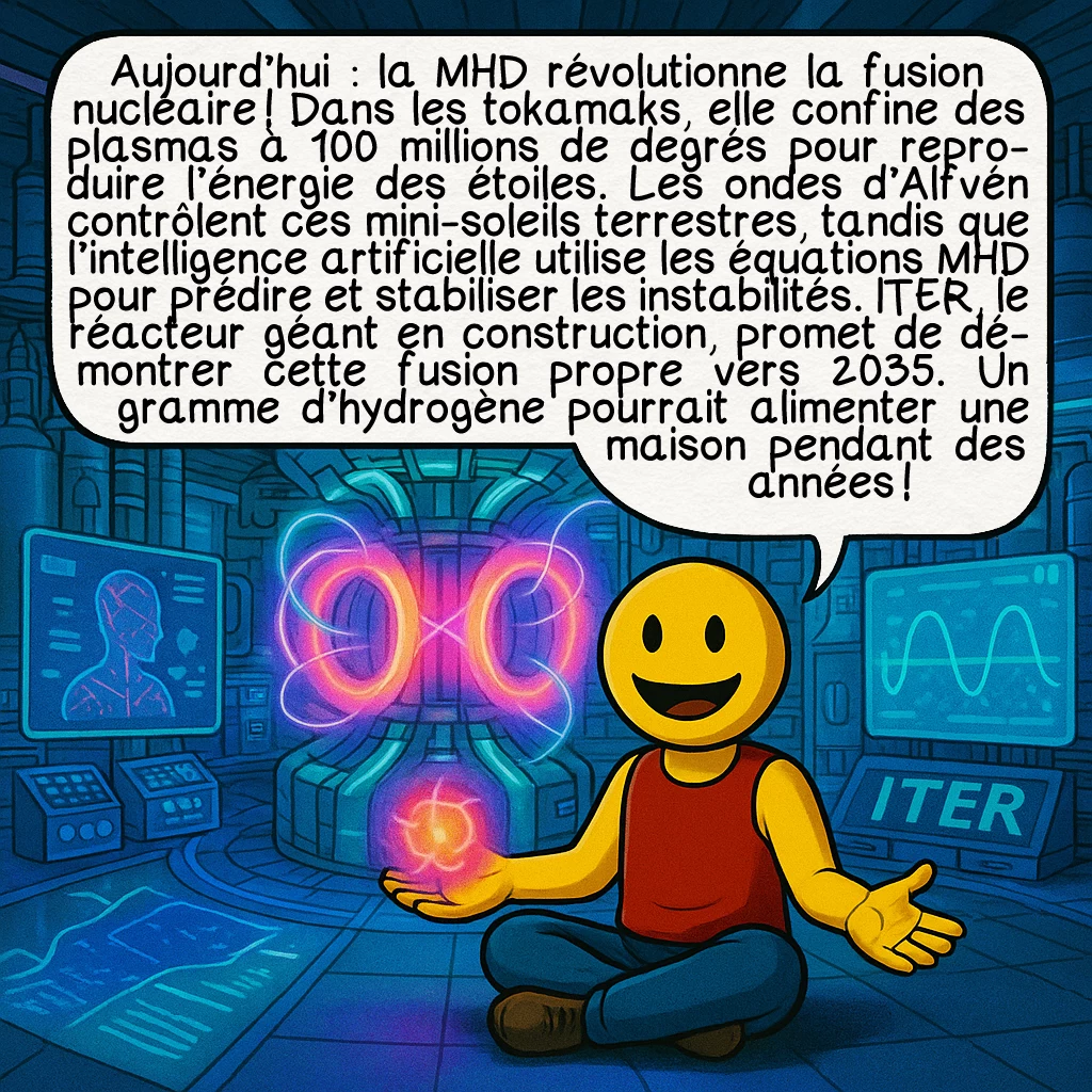 La MHD, case 9 : Aujourd’hui : la MHD révolutionne la fusion nucléaire ! Dans les tokamaks, elle confine des plasmas à 100 millions de degrés pour reproduire l’énergie des étoiles. Les ondes d’Alfvén contrôlent ces mini-soleils terrestres, tandis que l’intelligence artificielle utilise les équations MHD pour prédire et stabiliser les instabilités. ITER, le réacteur géant en construction, promet de démontrer cette fusion propre vers 2035. Un gramme d’hydrogène pourrait alimenter une maison pendant des années !