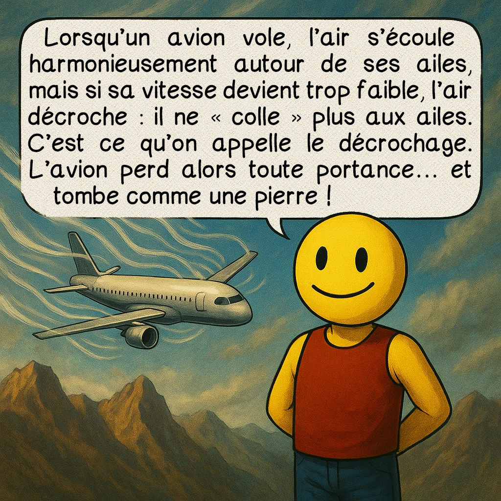 Le coffin corner, case 2 : Lorsqu’un avion vole, l’air s’écoule harmonieusement autour de ses ailes, mais si sa vitesse devient trop faible, l’air décroche : il ne « colle » plus aux ailes. C’est ce qu’on appelle le décrochage. L’avion perd alors toute portance… et tombe comme une pierre !