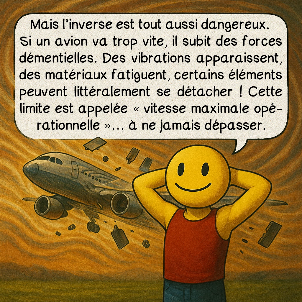 Le coffin corner, case 3 : Mais l’inverse est tout aussi dangereux. Si un avion va trop vite, il subit des forces démentielles. Des vibrations apparaissent, des matériaux fatiguent, certains éléments peuvent littéralement se détacher ! Cette limite est appelée « vitesse maximale opérationnelle »… à ne jamais dépasser.