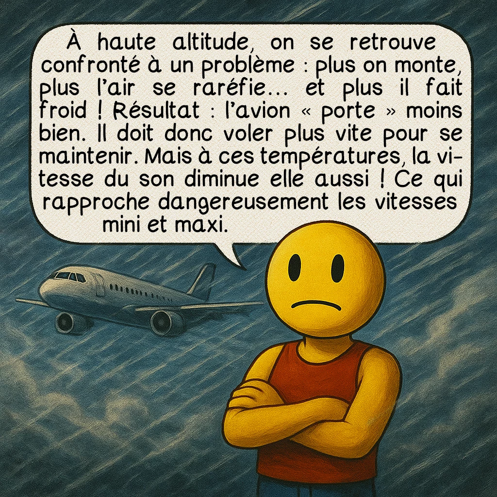 Le coffin corner, case 4 : À haute altitude, on se retrouve confronté à un problème : plus on monte, plus l’air se raréfie… et plus il fait froid ! Résultat : l’avion « porte » moins bien. Il doit donc voler plus vite pour se maintenir. Mais à ces températures, la vitesse du son diminue elle aussi ! Ce qui rapproche dangereusement les vitesses mini et maxi.
