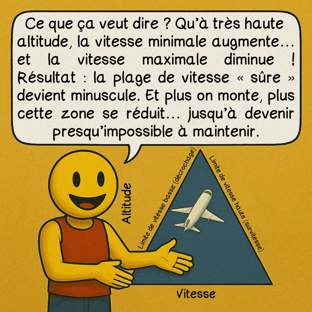 Le coffin corner, case 5 : Ce que ça veut dire ? Qu’à très haute altitude, la vitesse minimale augmente… et la vitesse maximale diminue ! Résultat : la plage de vitesse « sûre » devient minuscule. Et plus on monte, plus cette zone se réduit… jusqu’à devenir presqu’impossible à maintenir.