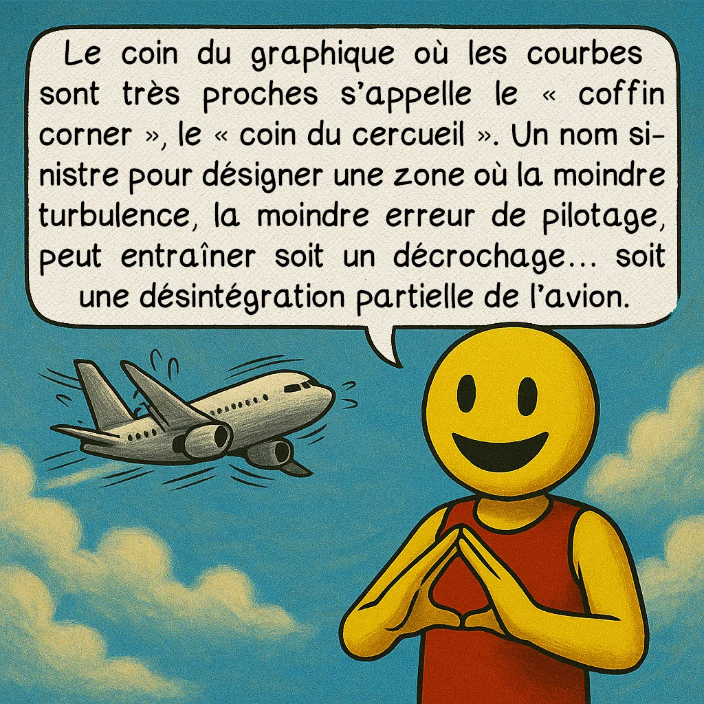Le coffin corner, case 6 : Le coin du graphique où les courbes sont très proches s’appelle le « coffin corner », le « coin du cercueil ». Un nom sinistre pour désigner une zone où la moindre turbulence, la moindre erreur de pilotage, peut entraîner soit un décrochage… soit une désintégration partielle de l’avion.