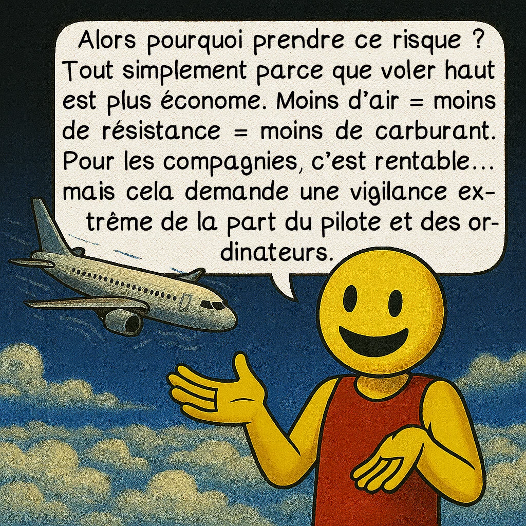 Le coffin corner, case 7 : Alors pourquoi prendre ce risque ? Tout simplement parce que voler haut est plus économe. Moins d’air = moins de résistance = moins de carburant. Pour les compagnies, c’est rentable… mais cela demande une vigilance extrême de la part du pilote et des ordinateurs.
