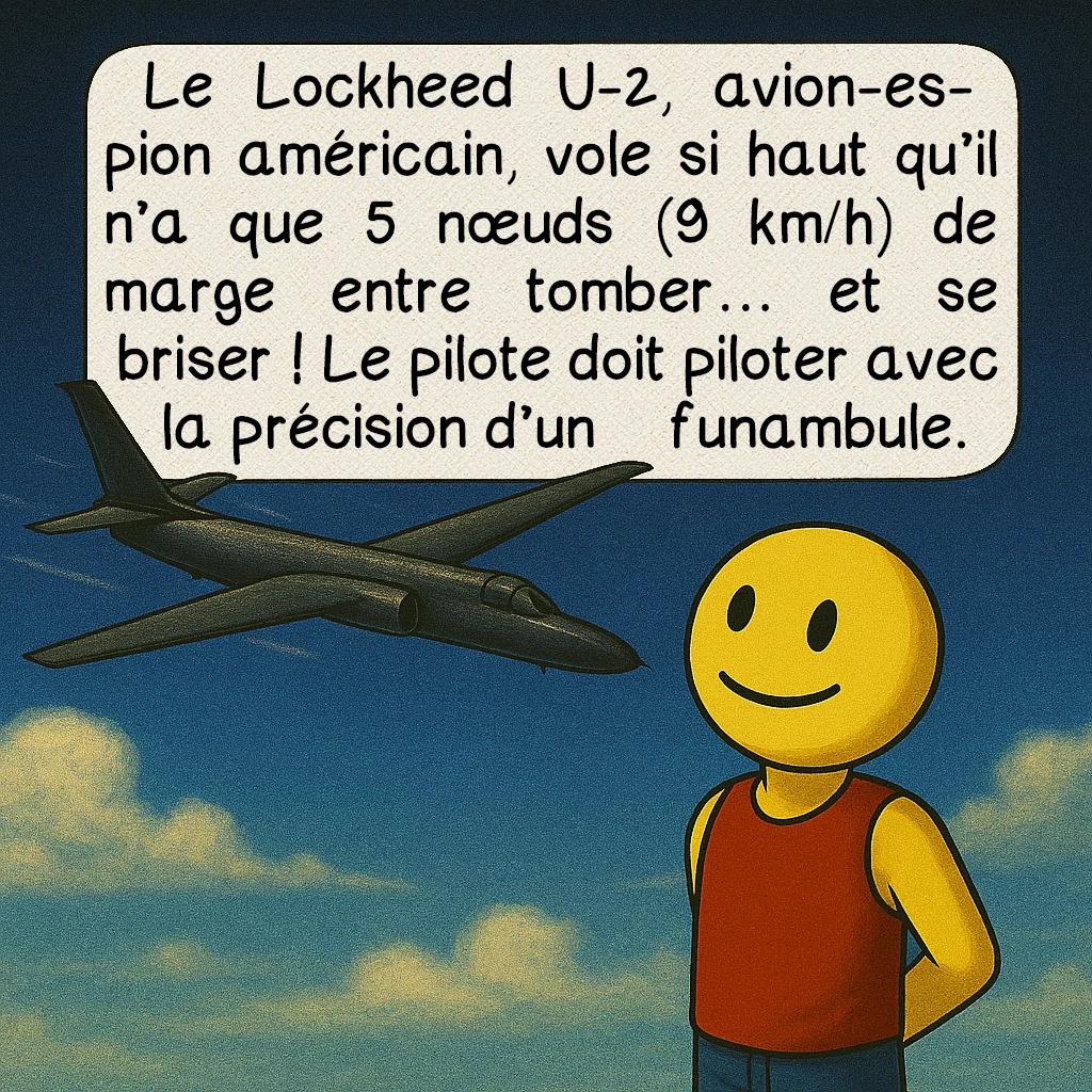 Le coffin corner, case 8 : Le Lockheed U-2, avion-espion américain, vole si haut qu’il n’a que 5 nœuds (9 km/h) de marge entre tomber… et se briser ! Le pilote doit piloter avec la précision d’un funambule.