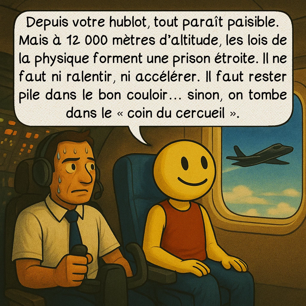 Le coffin corner, case 9 : Depuis votre hublot, tout paraît paisible. Mais à 12 000 mètres d’altitude, les lois de la physique forment une prison étroite. Il ne faut ni ralentir, ni accélérer. Il faut rester pile dans le bon couloir… sinon, on tombe dans le « coin du cercueil ».