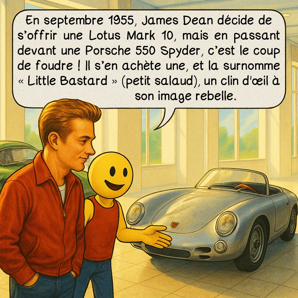 Little Bastard, case 2 : En septembre 1955, James Dean décide de s’offrir une Lotus Mark 10, mais en passant devant une Porsche 550 Spyder, c’est le coup de foudre ! Il s’en achète une, et la surnomme « Little Bastard » (petit salaud), un clin d'œil à son image rebelle.