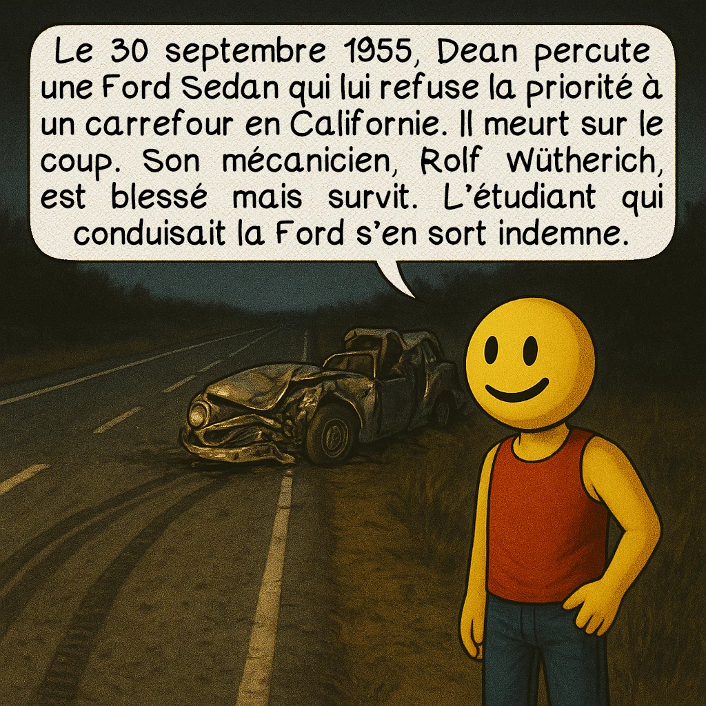 Little Bastard, case 3 : Le 30 septembre 1955, Dean percute une Ford Sedan qui lui refuse la priorité à un carrefour en Californie. Il meurt sur le coup. Son mécanicien, Rolf Wütherich, est blessé mais survit. L’étudiant qui conduisait la Ford s’en sort indemne.