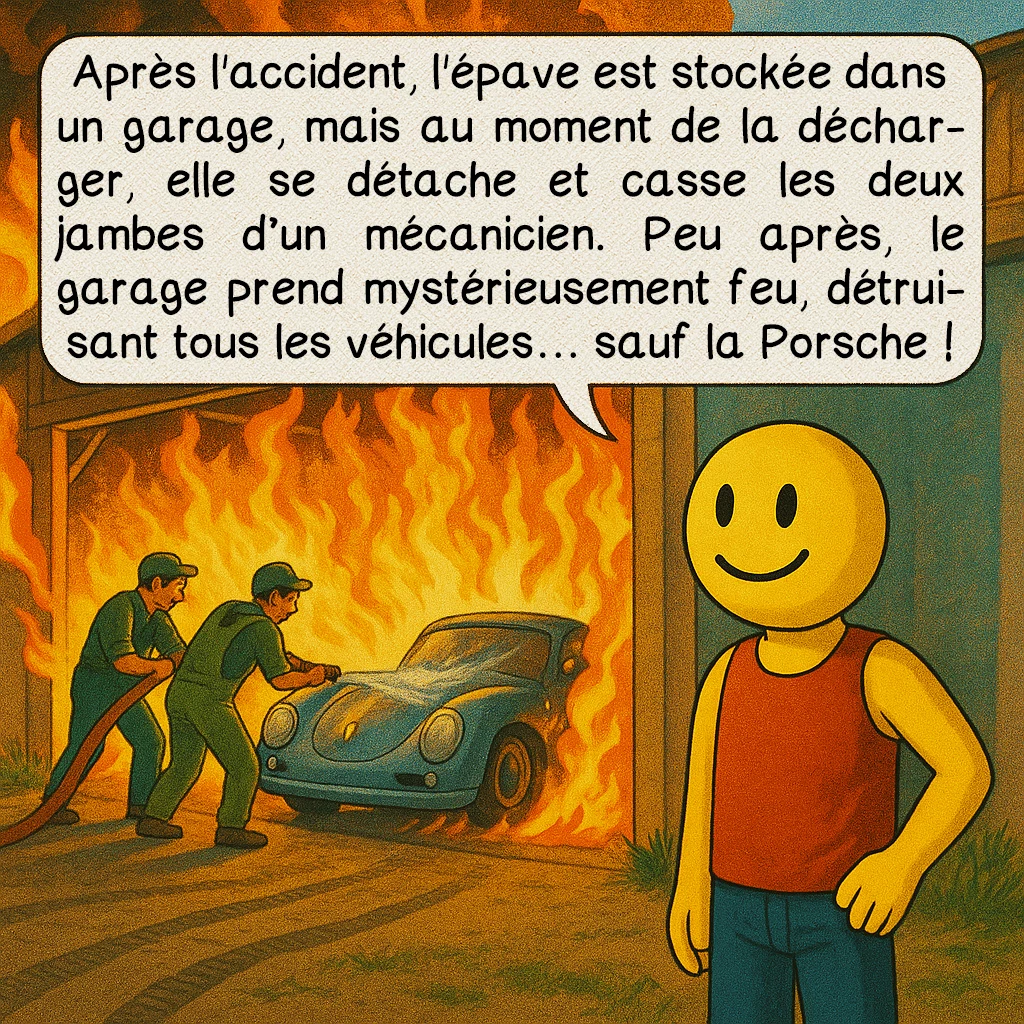 Little Bastard, case 4 : Après l'accident, l'épave est stockée dans un garage, mais au moment de la décharger, elle se détache et casse les deux jambes d’un mécanicien. Peu après, le garage prend mystérieusement feu, détruisant tous les véhicules… sauf la Porsche !
