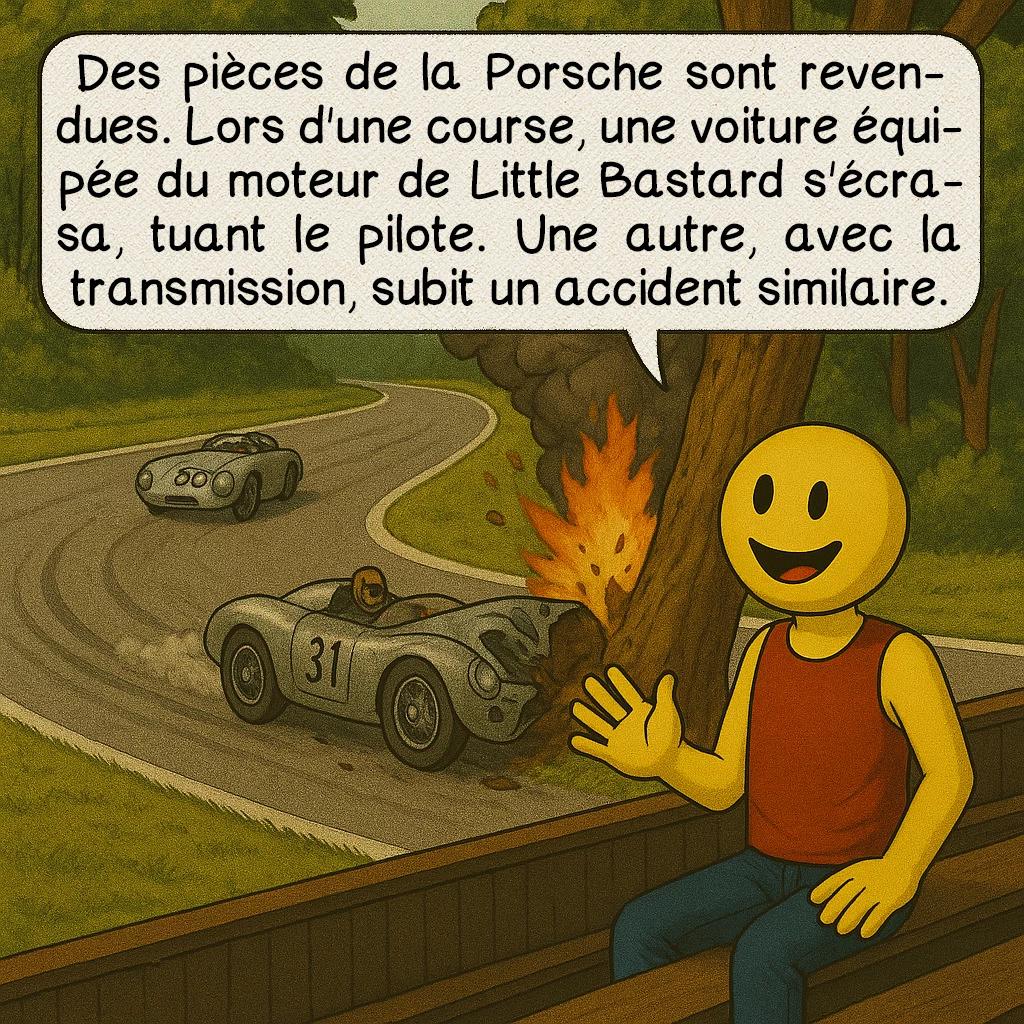 Little Bastard, case 5 : Des pièces de la Porsche sont revendues. Lors d'une course, une voiture équipée du moteur de Little Bastard s'écrasa, tuant le pilote. Une autre, avec la transmission, subit un accident similaire.