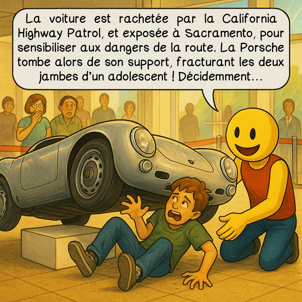 Little Bastard, case 6 : La voiture est rachetée par la California Highway Patrol, et exposée à Sacramento, pour sensibiliser aux dangers de la route. La Porsche tombe alors de son support, fracturant les deux jambes d’un adolescent !