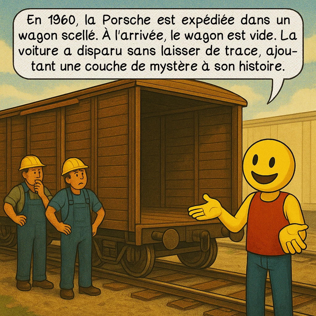 Little Bastard, case 7 : En 1960, la Porsche est expédiée dans un wagon scellé. À l'arrivée, le wagon est vide. La voiture a disparu sans laisser de trace, ajoutant une couche de mystère à son histoire.