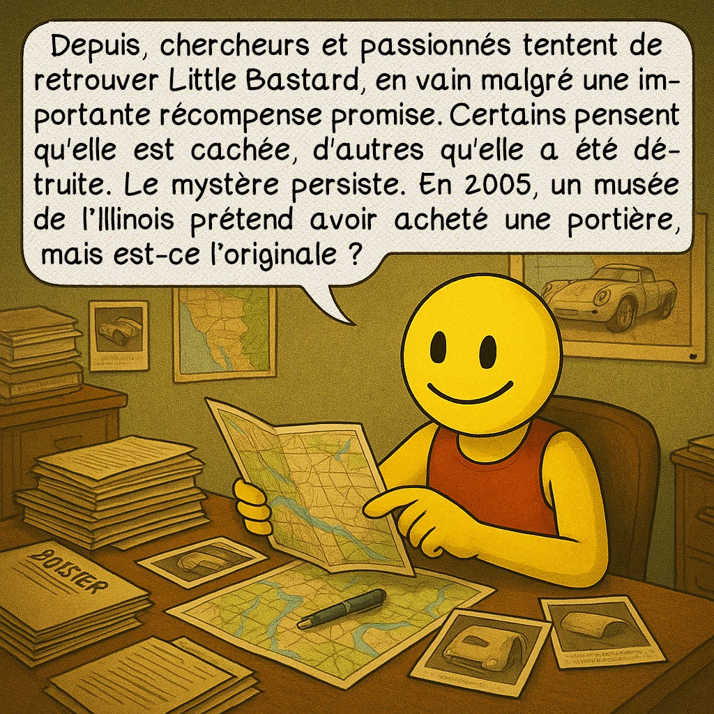 Little Bastard, case 8 : Depuis, chercheurs et passionnés tentent de retrouver "Little Bastard", en vain malgré une importante récompense promise. Certains pensent qu'elle est cachée, d'autres qu'elle a été détruite. Le mystère persiste. En 2005, un musée de l’Illinois prétend avoir acheté une portière, mais est-ce l’originale ?