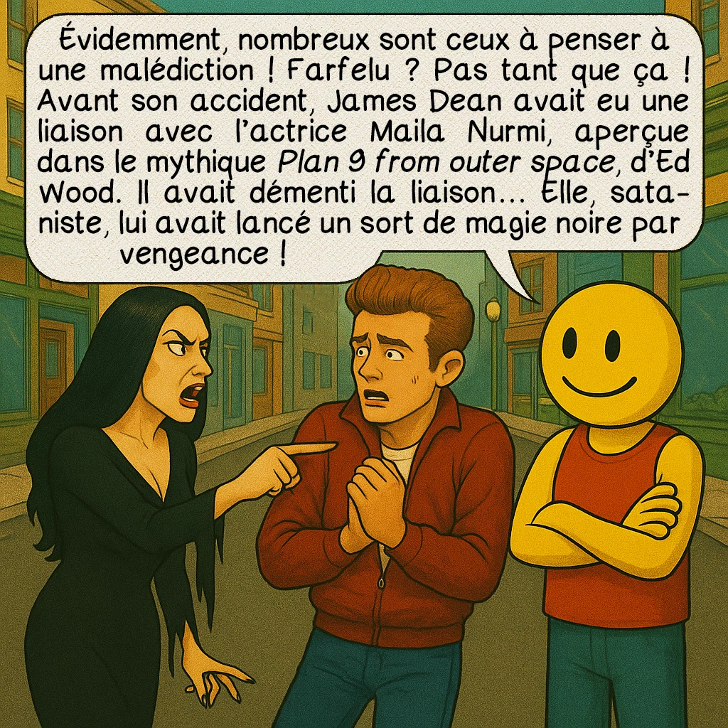 Little Bastard, case 9 : Évidemment, nombreux sont ceux à penser à une malédiction ! Farfelu ? Pas tant que ça ! Avant son accident, James Dean avait eu une liaison avec l’actrice Maila Nurmi, aperçue dans le mythique Plan 9 from outer space, d’Ed Wood. Il avait démenti la liaison… Elle, sataniste, lui avait lancé un sort de magie noire par vengeance !