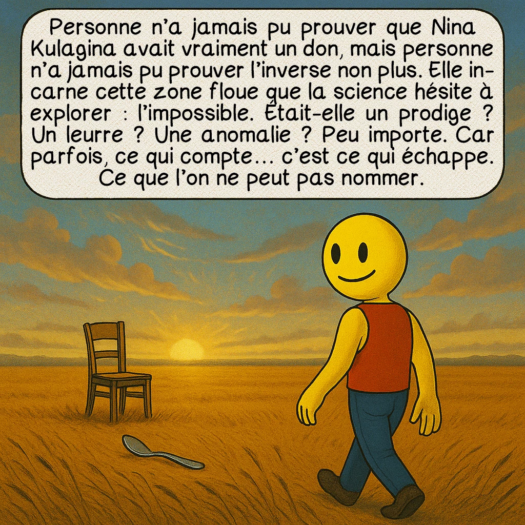 Nina Kulagina, case 10 : Personne n’a jamais pu prouver que Nina Kulagina avait vraiment un don, mais personne n’a jamais pu prouver l’inverse non plus. Elle incarne cette zone floue que la science hésite à explorer : l’impossible. Était-elle un prodige ? Un leurre ? Une anomalie ? Peu importe. Car parfois, ce qui compte… c’est ce qui échappe. Ce que l’on ne peut pas nommer.