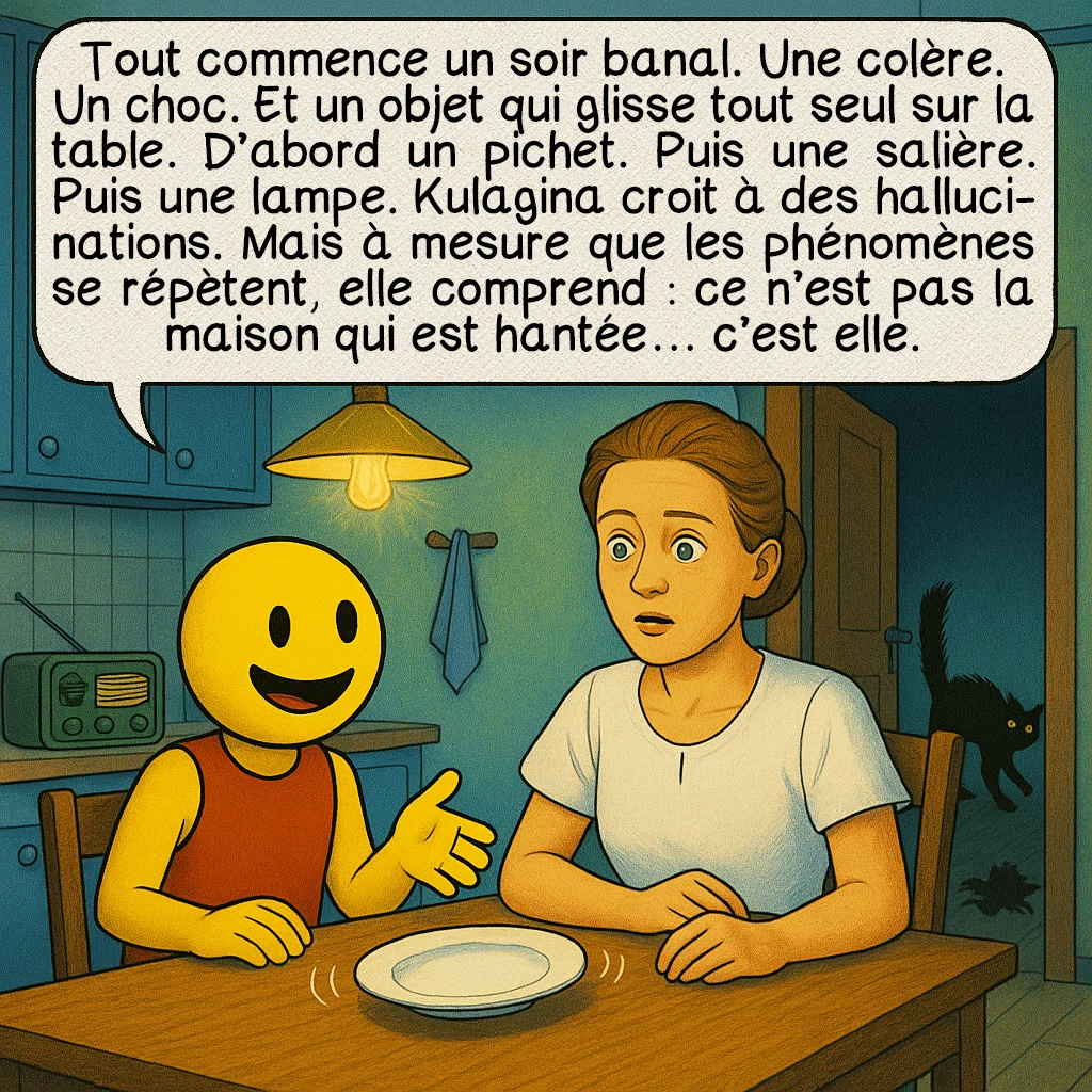 Nina Kulagina, case 2 : Tout commence un soir banal. Une colère. Un choc. Et un objet qui glisse tout seul sur la table. D’abord un pichet. Puis une salière. Puis une lampe. Kulagina croit à des hallucinations. Mais à mesure que les phénomènes se répètent, elle comprend : ce n’est pas la maison qui est hantée… c’est elle.