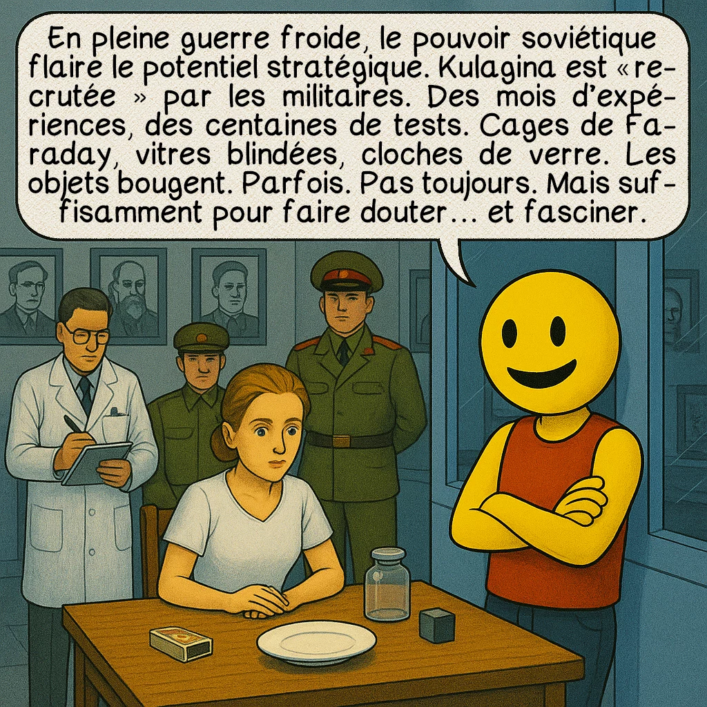 Nina Kulagina, case 3 : En pleine guerre froide, le pouvoir soviétique flaire le potentiel stratégique. Kulagina est “recrutée” par les militaires. Des mois d’expériences, des centaines de tests. Cages de Faraday, vitres blindées, cloches de verre. Les objets bougent. Parfois. Pas toujours. Mais suffisamment pour faire douter… et fasciner.