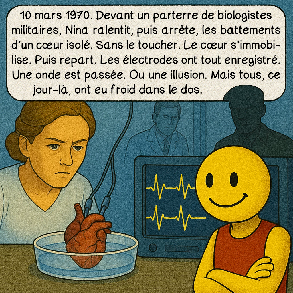 Nina Kulagina, case 4 : 10 mars 1970. Devant un parterre de biologistes militaires, Nina ralentit, puis arrête, les battements d’un cœur isolé. Sans le toucher. Le cœur s’immobilise. Puis repart. Les électrodes ont tout enregistré. Une onde est passée. Ou une illusion. Mais tous, ce jour-là, ont eu froid dans le dos.
