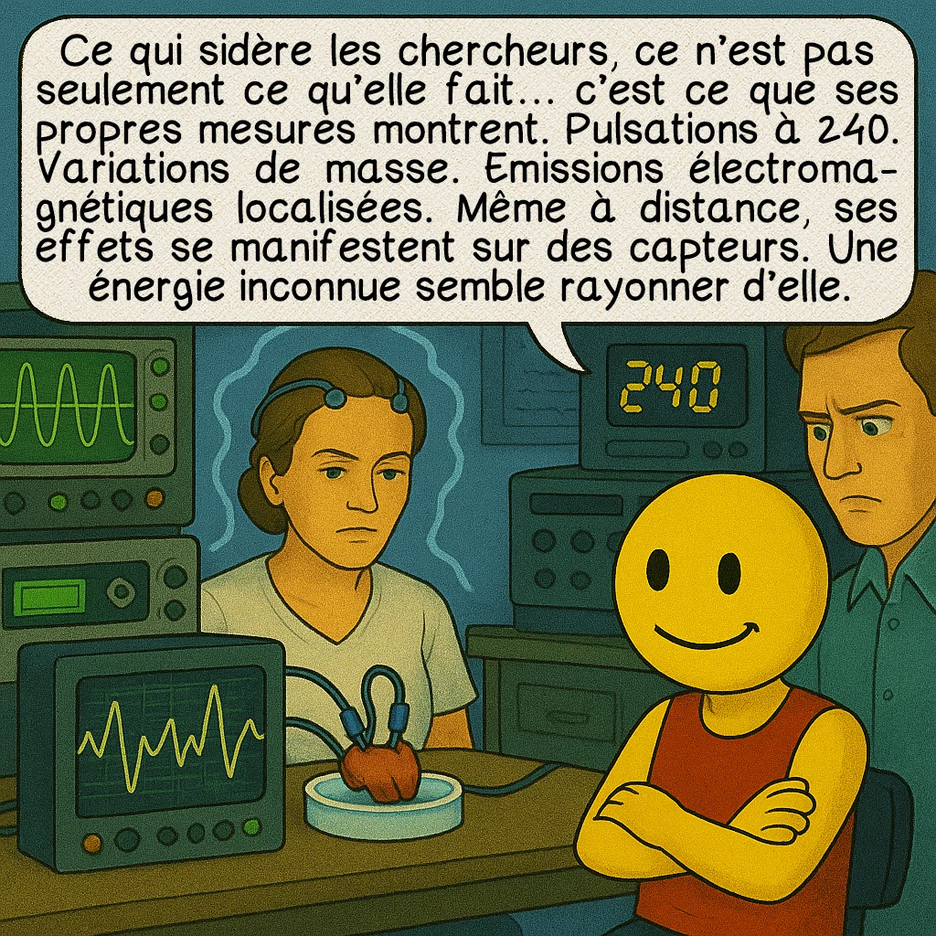 Nina Kulagina, case 5 : Ce qui sidère les chercheurs, ce n’est pas seulement ce qu’elle fait… c’est ce que ses propres mesures montrent. Pulsations à 240. Variations de masse. Emissions électromagnétiques localisées. Même à distance, ses effets se manifestent sur des capteurs. Une énergie inconnue semble rayonner d’elle.