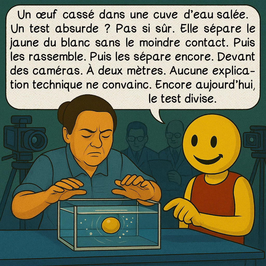 Nina Kulagina, case 7 : Un œuf cassé dans une cuve d’eau salée. Un test absurde ? Pas si sûr. Elle sépare le jaune du blanc sans le moindre contact. Puis les rassemble. Puis les sépare encore. Devant des caméras. À deux mètres. Aucune explication technique ne convainc. Encore aujourd’hui, le test divise.