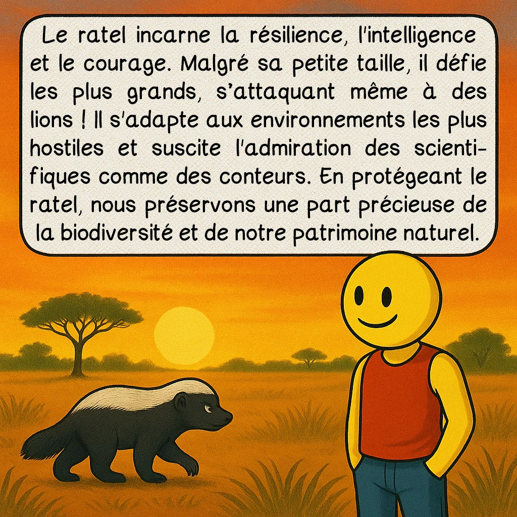 Le ratel, case 10 : Le ratel incarne la résilience, l'intelligence et le courage. Malgré sa petite taille, il défie les plus grands, s’attaquant même à des lions ! Il s'adapte aux environnements les plus hostiles et suscite l'admiration des scientifiques comme des conteurs. En protégeant le ratel, nous préservons une part précieuse de la biodiversité et de notre patrimoine naturel.