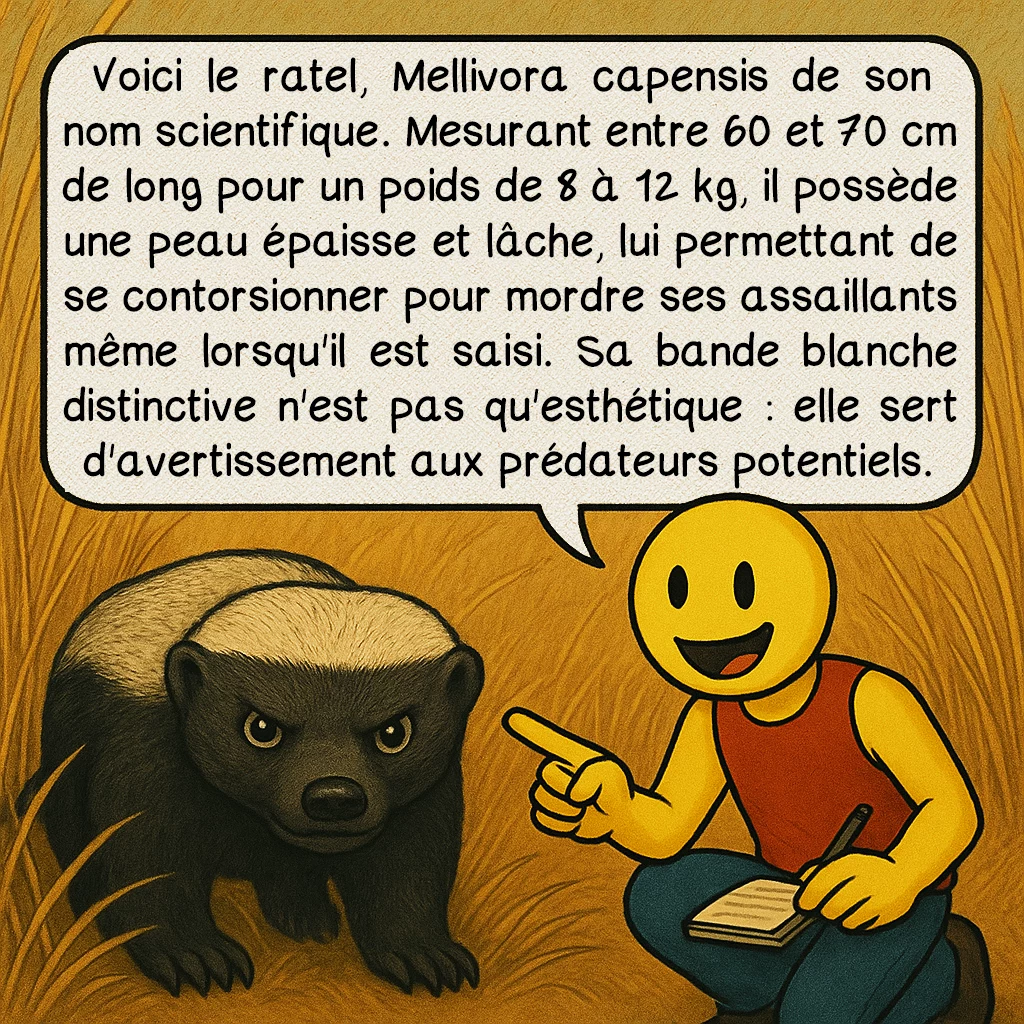 Le ratel, case 2 : Voici le ratel, Mellivora capensis de son nom scientifique. Mesurant entre 60 et 70 cm de long pour un poids de 8 à 12 kg, il possède une peau épaisse et lâche, lui permettant de se contorsionner pour mordre ses assaillants même lorsqu'il est saisi. Sa bande blanche distinctive n'est pas qu'esthétique : elle sert d'avertissement aux prédateurs potentiels.