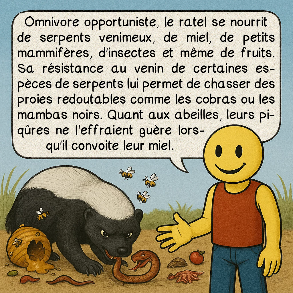 Le ratel, case 3 : Omnivore opportuniste, le ratel se nourrit de serpents venimeux, de miel, de petits mammifères, d'insectes et même de fruits. Sa résistance au venin de certaines espèces de serpents lui permet de chasser des proies redoutables comme les cobras ou les mambas noirs. Quant aux abeilles, leurs piqûres ne l'effraient guère lorsqu'il convoite leur miel.
