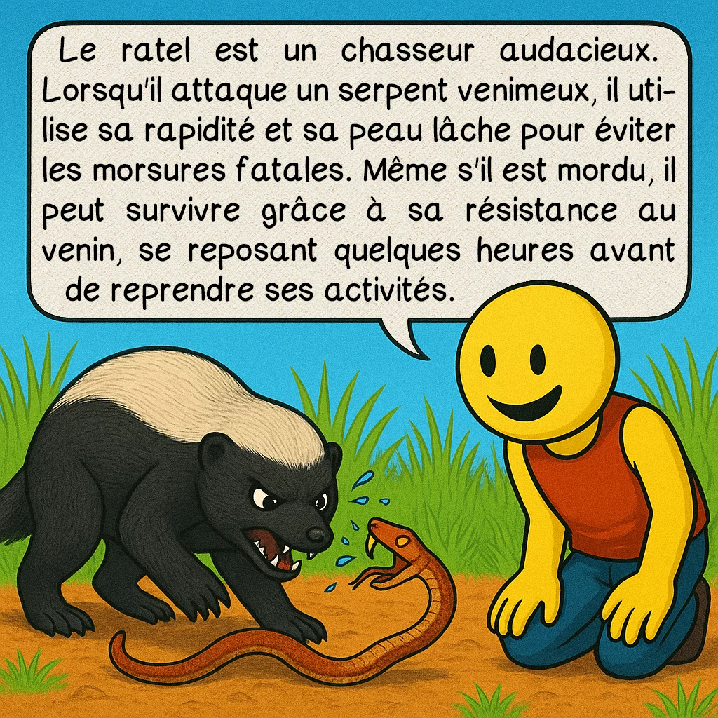 Le ratel, case 4 : Le ratel est un chasseur audacieux. Lorsqu'il attaque un serpent venimeux, il utilise sa rapidité et sa peau lâche pour éviter les morsures fatales. Même s'il est mordu, il peut survivre grâce à sa résistance au venin, se reposant quelques heures avant de reprendre ses activités.