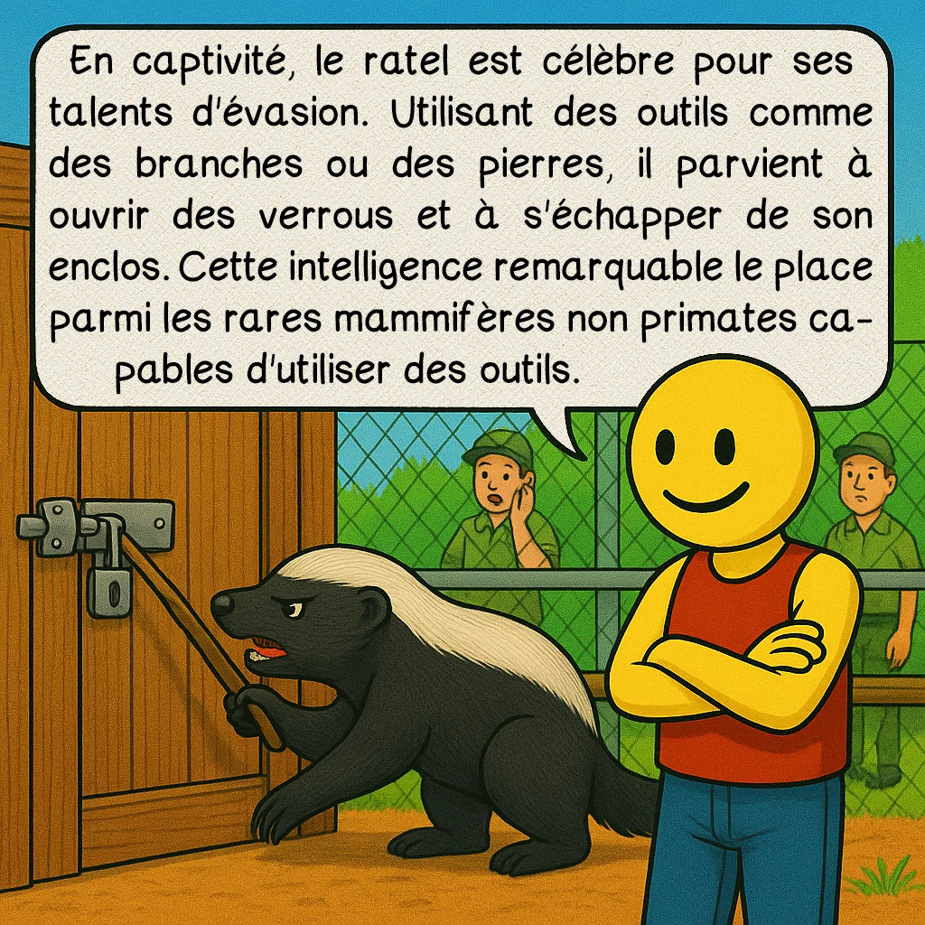 Le ratel, case 5 : En captivité, le ratel est célèbre pour ses talents d'évasion. Utilisant des outils comme des branches ou des pierres, il parvient à ouvrir des verrous et à s'échapper de son enclos. Cette intelligence remarquable le place parmi les rares mammifères non primates capables d'utiliser des outils.