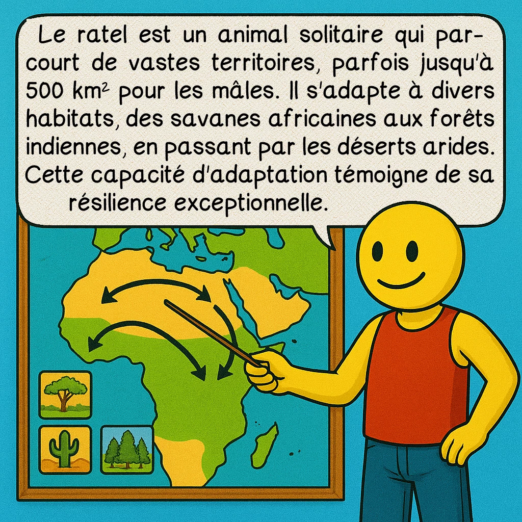 Le ratel, case 6 : Le ratel est un animal solitaire qui parcourt de vastes territoires, parfois jusqu'à 500 km² pour les mâles. Il s'adapte à divers habitats, des savanes africaines aux forêts indiennes, en passant par les déserts arides. Cette capacité d'adaptation témoigne de sa résilience exceptionnelle.