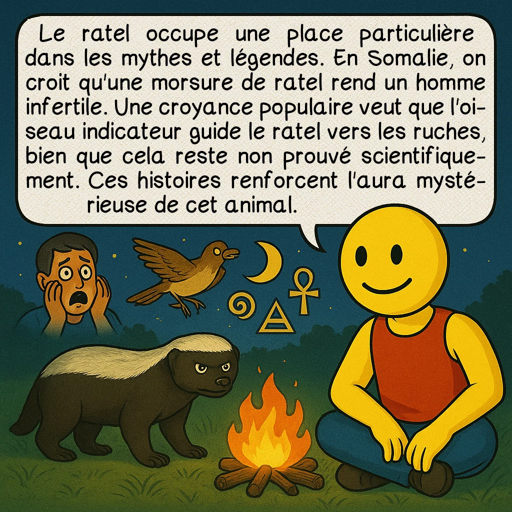 Le ratel, case 7 : Le ratel occupe une place particulière dans les mythes et légendes. En Somalie, on croit qu'une morsure de ratel rend un homme infertile. Une croyance populaire veut que l'oiseau indicateur guide le ratel vers les ruches, bien que cela reste non prouvé scientifiquement. Ces histoires renforcent l'aura mystérieuse de cet animal.