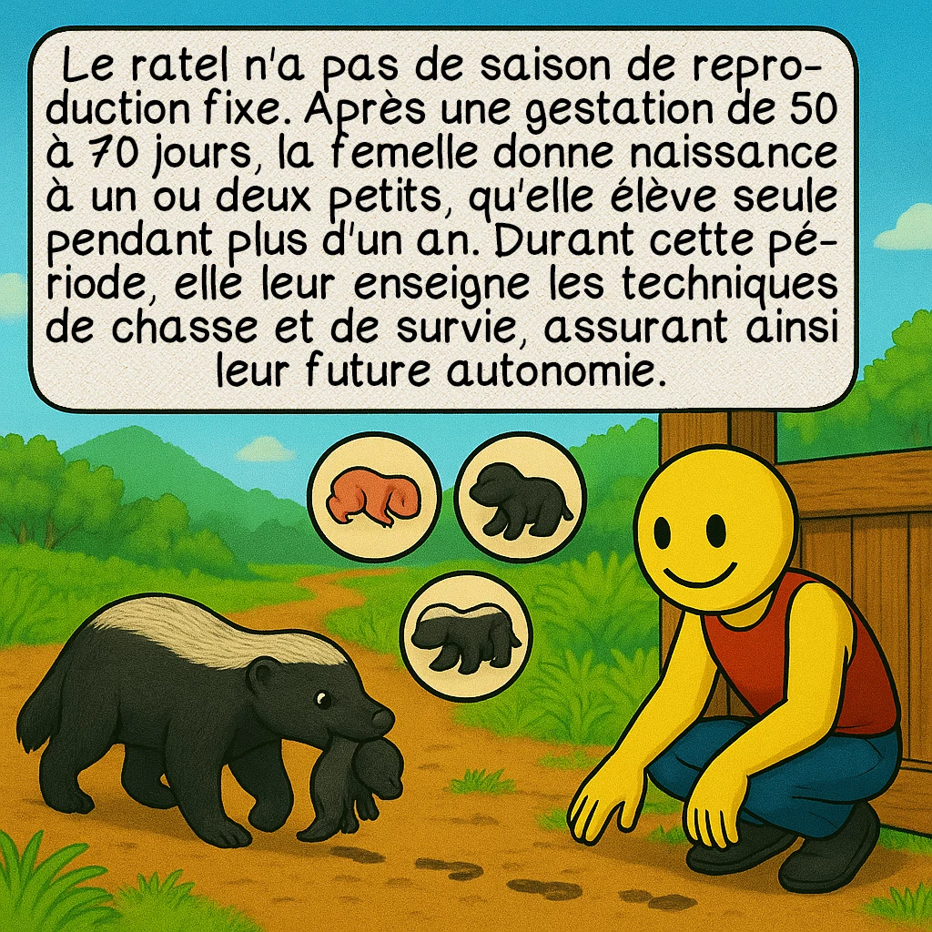 Le ratel, case 8 : Le ratel n'a pas de saison de reproduction fixe. Après une gestation de 50 à 70 jours, la femelle donne naissance à un ou deux petits, qu'elle élève seule pendant plus d'un an. Durant cette période, elle leur enseigne les techniques de chasse et de survie, assurant ainsi leur future autonomie.